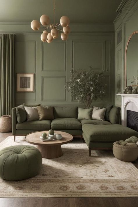 Pistachio Green Living Room, Dark Sage Green Room, Green Wall Living Room, Tv Snug, Living Room Design Green, Sage Room, Earth Palette, Green Sofa Living, Green Couch Living Room