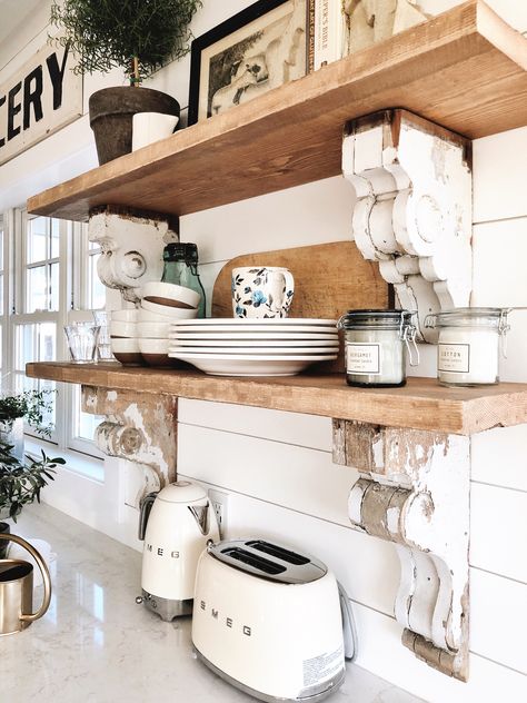 Hey guys!!! Thank you for all your responses on my cottage style corbel kitchen shelves [HERE]… also, if you haven’t seen them yet.. go check them out & vote on what you think we should do next with them! Ok, I wanted to quick pop on here today to share with you some corbels because … Corbels Kitchen, Dapur Rustic, Cottage Style Kitchen, Kitchen Shelf, Coffee Corner, Kitchen Farmhouse, Upper Cabinets, Farmhouse Style Kitchen, Wood Creations