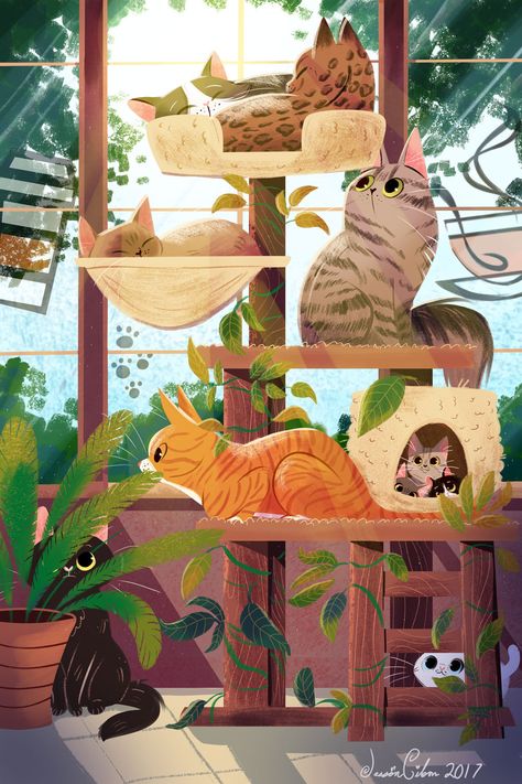 Cat Tree Paradise on Behance Lemonade Illustration, Art Coquillage, Picture Books Illustration, Cafe Art, Illustration Agency, Children Book, Arte Inspo, Cats Illustration, 판타지 아트