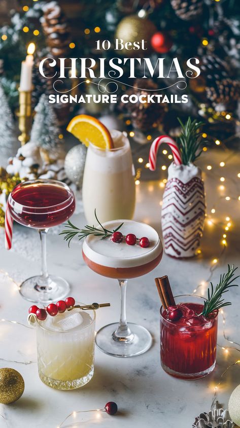 Discover the 10 Best Christmas Signature Cocktails that will delight your guests this holiday season! From refreshing Peppermint Martinis to festive Cranberry Margaritas, these seasonal cocktails are perfect for your Christmas party. Elevate your celebrations with these delicious Christmas party recipes that pair perfectly with your favorite Christmas party food. Cheers to unforgettable moments with these must-try Christmas cocktails! Glitter Cocktails Christmas, Christmas Shrimp Cocktail Display, Savory Cocktail Recipes, Signature Christmas Drink, Holiday Margaritas Christmas Drinks, Cranberry Cocktails Christmas, Tart Cocktails, Drink Set Up For Party, Christmas Signature Cocktail