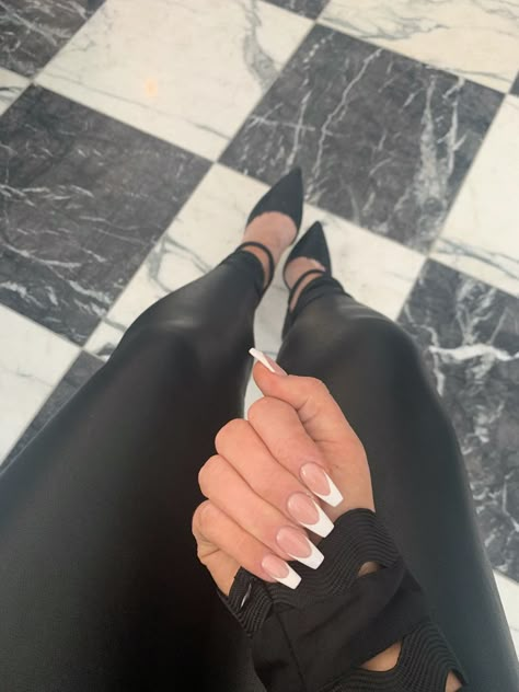 Shirt Coffin French Tip Nails, French Top Coffin, Two Color French Tip Nails Coffin, Square Coffin French Nails, French Nail Coffin Shape, French Nails On Coffin Shape, Coffin Tips, Medium Length Coffin French Tips, White Tip Nails Coffin Shape