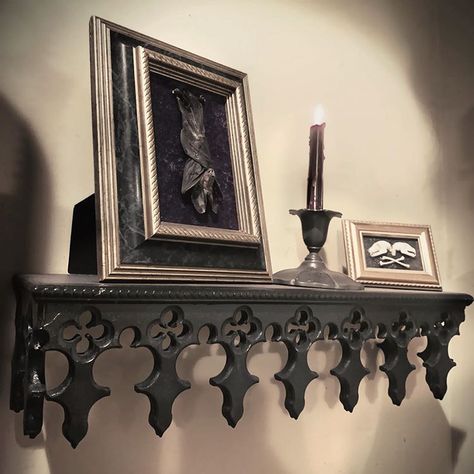 Our Gothic Revival Mantle Shelf returns this Friday alongside our Corbel and Corner Shelves 🖤🖤 Available at 5pm EST FRIDAY! Mark your… Gothic Wall Shelves, Gothic Floating Shelves, Floating Shelves Under Tv, Gothic Shelves, Gothic Shelf, At Home Library, Home Decor Things, Castle Decor, Mantle Shelf