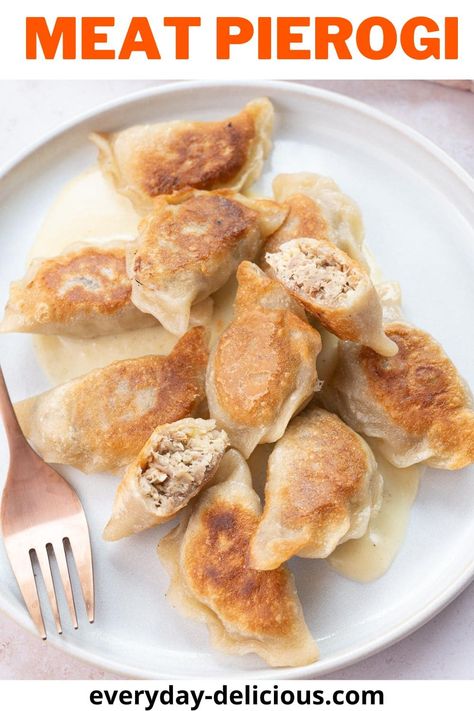 Meat Pierogi - Everyday Delicious Pierogi Sauce, Pierogi Filling, Polish Dishes, Perogies Recipe, Pierogi Recipe, Bacon Stuffed Mushrooms, Polish Food, Sweet Butter, Creamy Mushroom Sauce