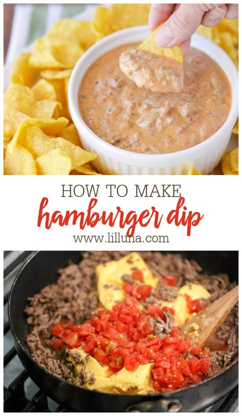 Queso Hamburger Dip, Hot Hamburger Dip, Hamburger Dip Crockpot, Hamburger Dip Recipes, Hamburger Appetizers, Cheesy Hamburger Dip, Hamburger Cheese Dips, Football Dip, Hamburger Dip