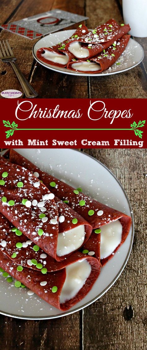 Christmas Crepes with Mint Sweet Cream Filling / a delicious and easy holiday recipe perfect for breakfast, snack or even dessert! #crepe #crepes #holidayfood #holidays #christmas #breakfast #snack #dessert #easyrecipe #mint #sweetcream Christmas Crepes, Crepe Food, Cream Crepes, Christmas Sleepover, Christmas Extravaganza, Holidays Recipes, Crepes Filling, Christmas Breakfast Recipe, Delicious Sweets