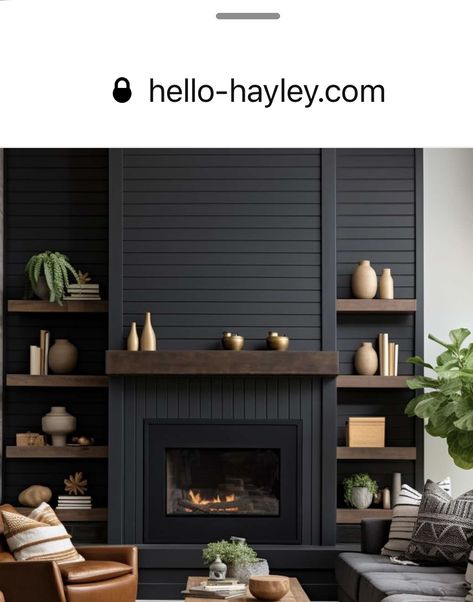 Black Built Ins Living Room, Black Slat Wall, Black Tv Wall, Black Accent Wall Living Room, Wall Behind Tv, Black Wainscoting, Wainscoting Wall, Electric Fireplace Wall, Black Accent Walls