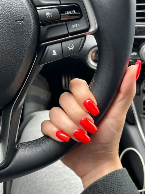 Nail inspo | red nails Sunset Nail Colors, Orange Red Acrylic Nails, Red Rounded Acrylic Nails, Red Rounded Square Nails, Reddish Nails, Bright Red Square Nails, Reddish Orange Nails, Orangy Red Nails, Light Red Nails