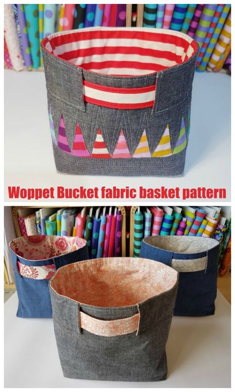 Sewing pattern for a fabric basket with handles. This fabric basket sewing pattern has handles which sit flat to keep the top rigid and open and then pull up to cinch the top closed. Fabric box sewing pattern. Fabric basket to sew with handles. #SewModernBags #SewABag #BagSewingPattern #BeginnerSewingPattern Basket Sewing Pattern, Trendy Sewing Projects, Beginner Sewing Patterns, Modern Bag, Sewing Room Organization, Fabric Boxes, Sewing Baskets, Organize Fabric, Patchwork Bags