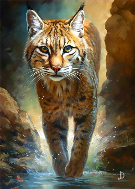 bobcat, cat ,silent, water, river, animal, lake, pond, rocks, puddle, digital art, ai, nature, cute, beautiful, sunny, surreal, cool, pattern, artwork,atmosphere, beautiful, art, magical, artistic, illustration, digital art, landscape, painting , sketch, drawing, character, photoshop, cool art, surreal, unreal,colorful, dream, portrait, mesmerizing, amazing, wow Bobcat Art, Bob Cats, Fantasy Cats, Wildest Fantasy, Tiger Pictures, Animal Reference, Big Cats Art, Case Ideas, Cats Art