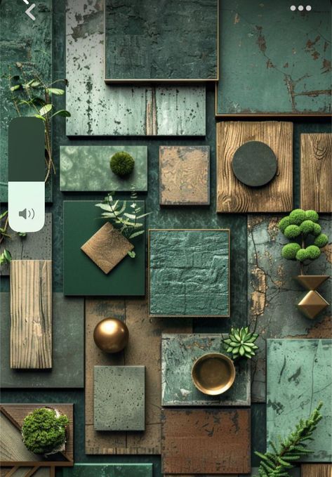 Green And Brass Color Palette, Black And Green Color Scheme, Earth Tones Mood Board, Mood Boards Architecture, Green Mood Board, Interior Design Materials, Materials Board, Materials Board Interior Design, Green Branding