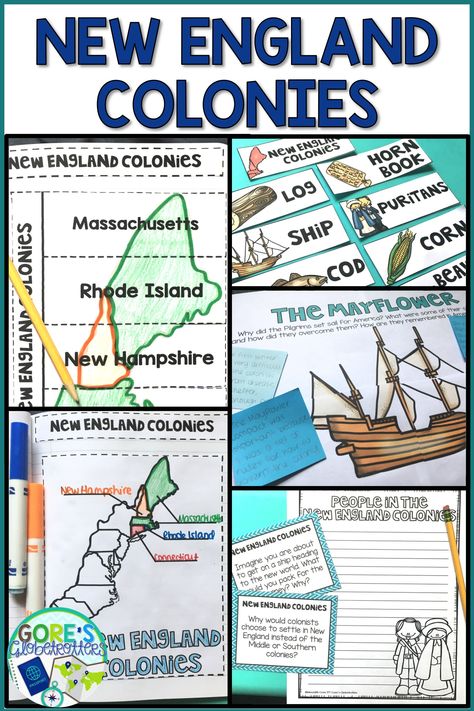 This New England Colonies resource is perfect for your upper elementary Social Studies class during your study of the 13 Colonies. Interactive notebook, writing activities, a Mayflower display, and a study guide/test are included. Keep your students engaged as they study this period in American/US history with these hands-on activities. {3rd, 4th, 5th grades, third, fourth, fifth, worksheet alternative, homeschool, lesson plans, printables} 13 Colonies Activities 2nd Grade, American Colonies Activities, Early Colonies Activities, 13 Colonies Map Printable Free, New England Colonies Activities, Teaching The 13 Colonies, Upper Elementary Social Studies, Interactive Notebooks Social Studies, Social Studies Lesson Plans