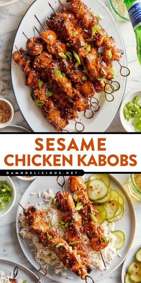 Here's an easy dinner idea featuring the most flavorful marinade for chicken kabobs! This Asian chicken recipe is a meat main dish you can prep ahead. Sweet, savory, and sticky, these grilled sesame chicken kabobs are just perfect!