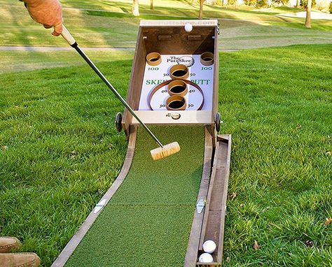 This fun game combines a golf putting green with arcade skeeball, allowing you to putt golf balls up into the scoring holes instead of rolling them by hand. Backyard Games Diy, Diy Yard Games, Golf Ball Crafts, Outside Games, Skee Ball, Mini Golf Course, Miniature Golf, Games Diy, Wooden Games