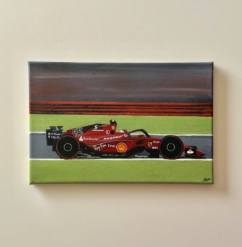 Acrylic painting of Carlos Sainz's Ferrari car Easy Acrylic Canvas Painting Ideas, Formula One Painting, Acrylic Painting Canvas Ideas Wall Decor, F1 Painting Ideas, Simple Car Painting, F1 Canvas Painting, How To Paint A Car, Car Painting Ideas, Car Painting Canvas