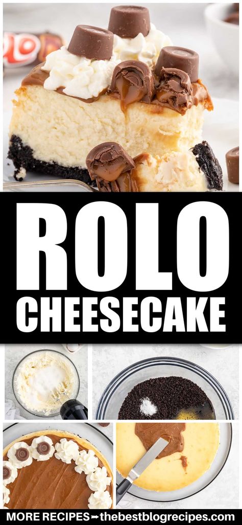 Rolo cheesecake is rich and smooth, with a creamy cheesecake filling topped with rich caramel, chocolate, and a delicate layer of whipped cream. Rolo Cheesecake, Chocolate Caramel Cheesecake, Rolo Chocolate, Rolo Candy, Cheesecake Filling, Caramel Topping, Chocolate Sandwich, Chocolate Sandwich Cookies, Caramel Chocolate