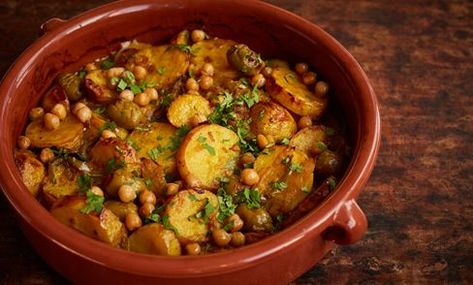 Vegan Potato, Olive and Preserved Lemon Tagine Recipe - Great British Chefs Vegan Tagine, Chickpea Tagine, Sous Vide Vegetables, Baked Beetroot, Vegan Potato Recipes, Coconut Yoghurt, Tagine Recipes, Preserved Lemon, Great British Chefs