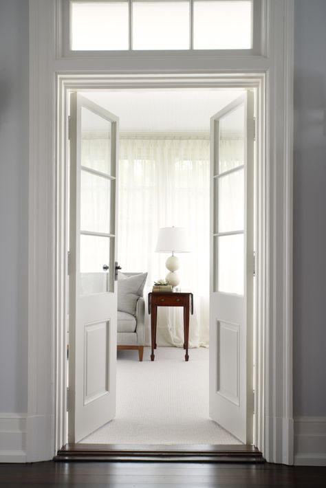 Colonial Revival Restored • Projects • 3north - pretty French interior doors with #transom #frenchdoors French Door Bathroom, Narrow French Doors, French Door Interior, Glass French Doors, Door Bathroom, Interior Design Elements, Wooden Door Design, French Doors Interior, French Interior