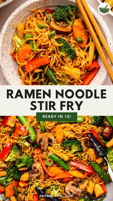 Make this delicious Ramen Noodle Stir Fry in less time than it takes to pick up takeout! All you need is 7 simple ingredients, plus your favorite mixed vegetables. Vegan, Gluten-Free Ramen Stir Fry Vegetarian, Asian Ramen Noodle Recipes, Noodle Stir Fry Recipes, Asian Vegetable Stir Fry, Vegetable Stir Fry Noodles, Ramen Noodle Stir Fry, Clean Drinks, Garlic Ramen, Gluten Free Ramen