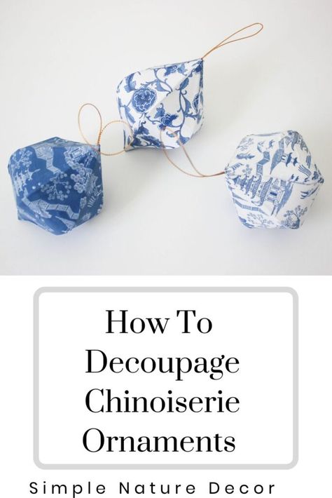 Chinoiserie Diy, Hristmas Crafts, Chinoiserie Christmas Decor, Christmas Chinoiserie, Diy Chinoiserie, Relief Society Crafts, Chinoiserie Ornaments, Christmas Tree Decorating Tips, Chinoiserie Christmas