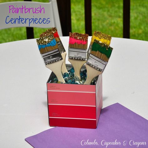 Art Party Paintbrush Centerpieces  (Easy and Inexpensive!)   From Cobwebs, Cupcakes And Crayons Party Centerpiece Ideas, Housewarming Party Decorations, Art Themed Party, Maker Fun Factory, Party Centerpiece, Art Birthday Party, Art Theme, Centerpiece Ideas, Art Birthday