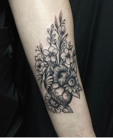 Anatomical heart with flowers Tattoo Daisies, Anatomical Heart With Flowers, Heart With Flowers, Anatomical Heart Tattoo, Heart Tattoos, Flowers Growing, Anatomical Heart, Heart Pin, Heart Tattoo