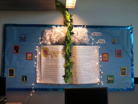 I finally made my dream bulletin board!  The giant book has the first few paragraphs of "Jack and The Beanstalk" written on it. Fairytale Bulletin Board Ideas, Dream Bulletin Board, Book Bulletin Board, Reading Display, Library Bulletin Board, Traditional Tales, Class Displays, Library Bulletin Boards, Library Boards