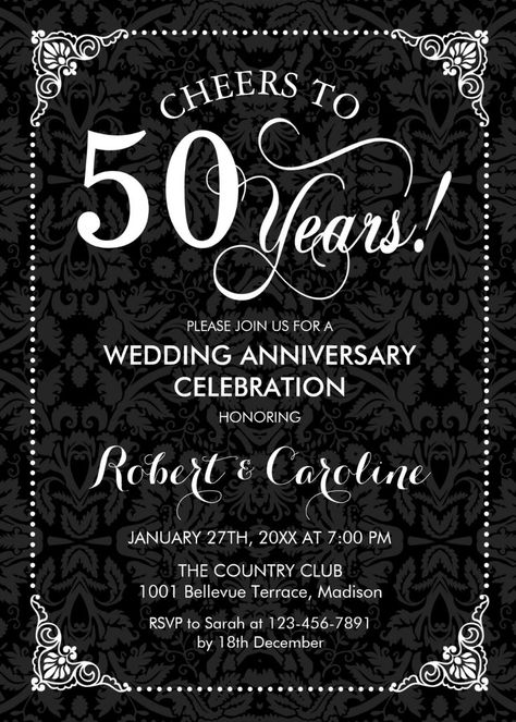 50th Wedding Anniversary Invitation. Elegant vintage black and white design with damask pattern. Features script font. Cheers to 50 years! Can be personalized into any year of marriage! Cheers To 50 Years, 50th Anniversary Invitations, 50th Wedding Anniversary Invitations, Anniversary Invitation, Wedding Anniversary Celebration, Invitation Elegant, Wedding Anniversary Invitations, 25th Wedding Anniversary, White Damask