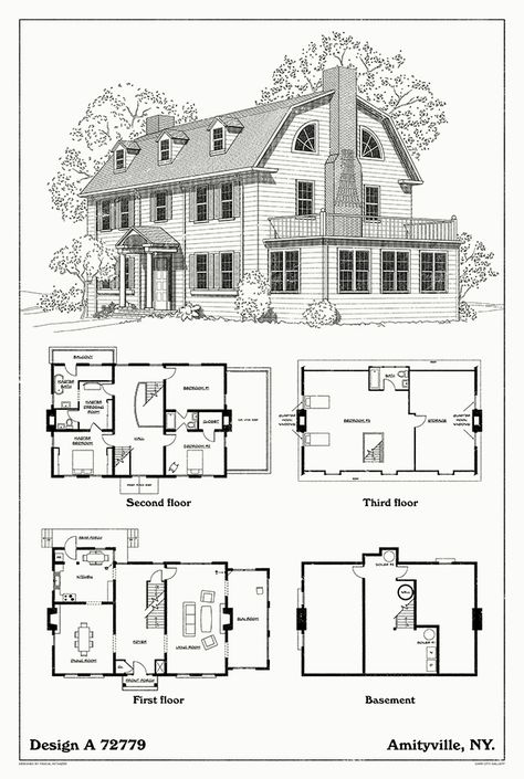 'Home Sweet Home' Design A 72779 Artwork by Pascal Witaszek. Historical House Plans, Gothic House Plans, Amityville Horror House, Amityville House, Colonial Floor Plans, Amityville Horror, Victorian House Plans, Colonial House Plans, Miniature Stuff