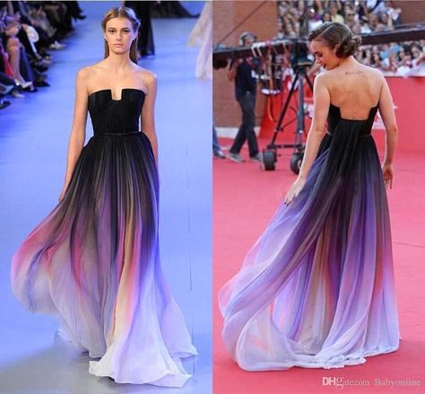 Elise Saab, Blue Ombre Dress, Colorful Prom Dresses, Evening Dress Patterns, Strapless Evening Dress, Ombre Dress, Prom Dresses Sleeveless, Black Ombre, Beautiful Prom Dresses