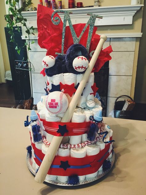 Diaper Cake for a baseball themed baby shower! #diapercake #baseball #babyshower #giftideas Baseball Diaper Cake, Baby Shower Ideas For Boys, Baseball Baby Shower Theme, Sports Baby Shower, Baby Shower Diaper Cake, Baby Diaper Cake, Baseball Theme, Baseball Baby, Boy Baby Shower Themes