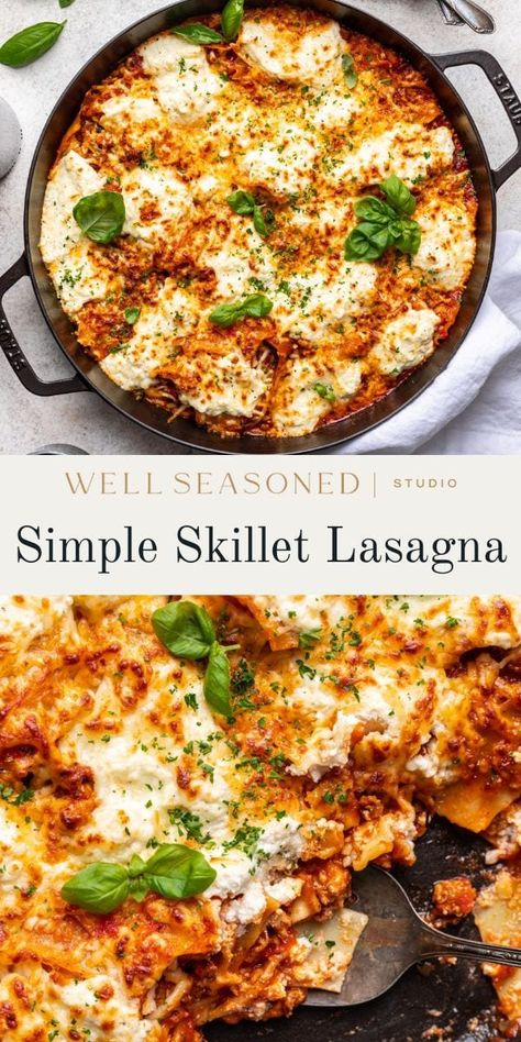 One Pan Lasagna Recipes, Skillet Suppers, Lasagna Without Lasagna Noodles, Pan Lasagna Skillets, Orzo Lasagna, One Pan Skillet Lasagna, Lasagna Pizza Recipe, Cast Iron Skillet Lasagna, Stovetop Pasta Recipes