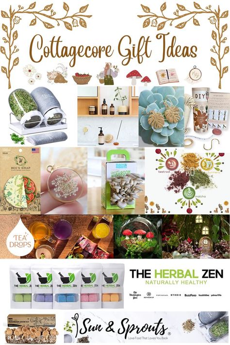 Looking for unique gift ideas at the last minute? Check out these recommendation curated for cottagecore girlies. This list includes sustainable products from small businesses many of which are handmade. Grow your own mushrooms, sprouts, microgreens, make a fairy garden, make hand crafted tea and lattes, and much more. All curated gifts from small businesses in the USA Fairy Core Gift Ideas, Cottagecore Gifts Ideas, Gifts For Mushroom Lovers, Small Business Ideas For Women Products, Cottagecore Gift Ideas, Cottagecore Diys, Mushroom Gift Ideas, Cottagecore Friends, Cottage Core Gifts