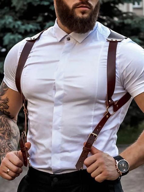 Mens Leather Harness Fashion, Leather Chest Harness Men, Mens Harness Fashion, Leather Harness Mens, Mens Harness, Leather Suspenders Men, Groom Suspenders, Suspenders Wedding, Leather Outfits