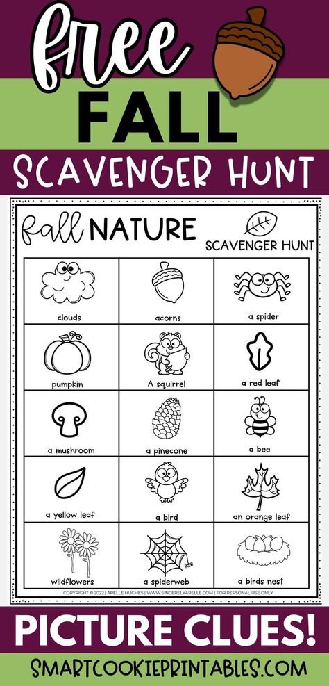 The image displays a free fall nature scavenger hunt printable, featuring 15 picture items with their titles (for example, a picture of a bird with the word "bird" underneath) for kids to find. Kindergarten Scavenger Hunt, Fall Nature Scavenger Hunt, Fall Scavenger Hunt For Kids, Autumn Preschool Printables, Nature Scavenger Hunt Printable, Nature Walk Scavenger Hunt, Preschool Scavenger Hunt, Neighborhood Scavenger Hunt, School Scavenger Hunt