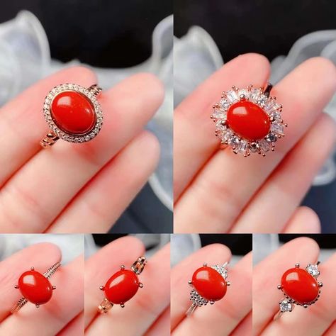 Red Coral Jewellery Indian Gold, Elegant Red Coral Jewelry With Natural Stones, Coral Stone Ring Design For Women, Coral Ring Designs For Women, Red Coral Ring Design Women, Jade Accessories, Coral Stone Ring, Silk Thread Earrings Designs, Red Coral Ring