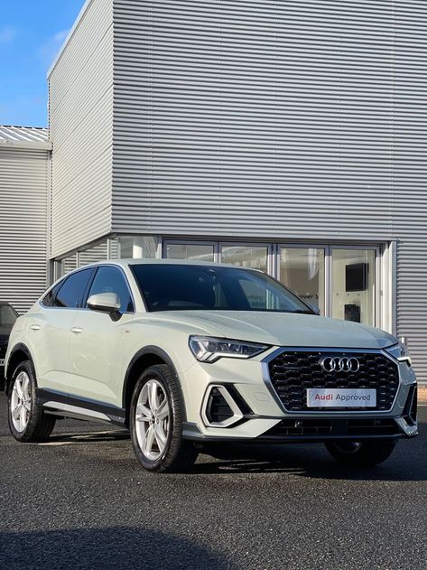 The Audi Q3 Sportback S Line finished in the eye-catching Dew Silver paint finish making you stand out on the road🤍👀 Audi Q3 2023, Audi Q3 Aesthetic, Audi Q3 White, Bugatti Chiron Aesthetic, Chiron Aesthetic, Audi Q3 Sportback, Audi Rsq3, Audi Sportback, Bugatti Centodieci