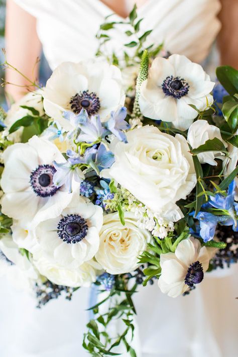 Photography by Hope Taylor Photography Courtney Inghram Richmond Virginia wedding florist French blue and white bride bouquet with anemones, garden roses and ranunculus silk ribbons and jasmine vine greenery southern wedding inspiration October Bouquet, Shades Of Blue Wedding, Vine Greenery, Talavera Wedding, Bride Bouquets White, Anemone Wedding, Book 2023, Jasmine Vine, Anemone Bouquet