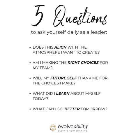 High impact leaders continuously reflect and ask themselves important questions to ensure they are guiding their teams effectively. Questions like “Am I making the right choices for my team?, and “What can I do better tomorrow?”, help leaders stay focused on growth and improvement. We love helping leaders reflect and find ways to adapt, inspire, and create a thriving workplace where everyone feels valued and motivated. #Leadership #SelfReflection #SelfAwareness #Evolveability #ElevatePerformance Better Tomorrow, Do Better, My Team, What Can I Do, Tomorrow Will Be Better, Questions To Ask, Self Awareness, Stay Focused, Leadership