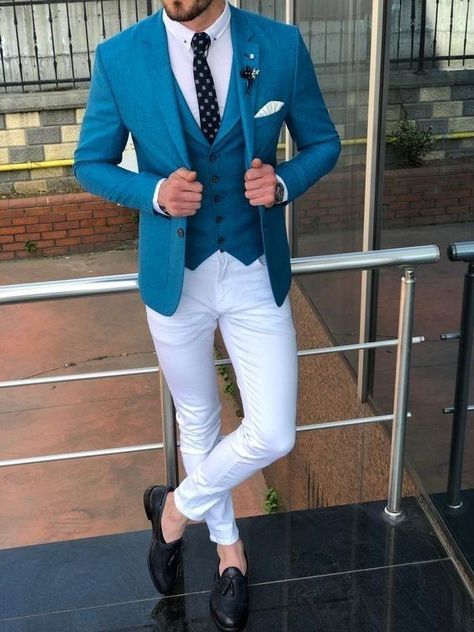 White Pants, 3 Piece, A Man, Slim Fit, Turquoise, Blazer, Pants, Blue, White