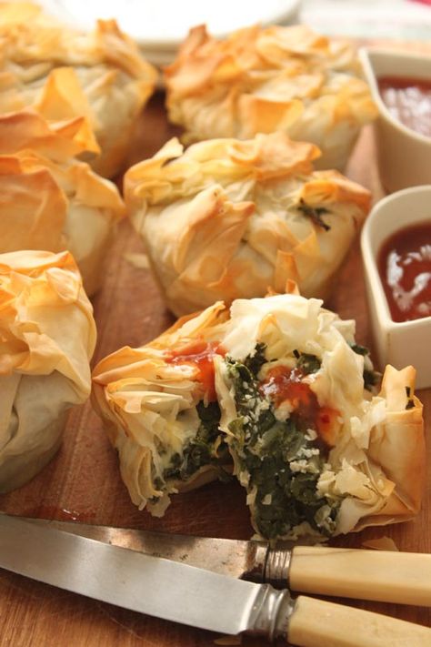 Spinach, Feta and Goats Cheese Parcels with Sweet-chilli Chutney Filo Cups, Greek Spanakopita, Dimitras Dishes, Phyllo Cups, Spinach Feta, Spinach And Cheese, Spinach And Feta, Sweet Chilli, Perfect Appetizers