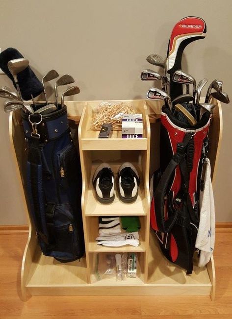 Golf Equipment Storage, Golf Furniture, Diy Golf, Golf Simulator Room, Golf Room, Golf Diy, Bag Rack, Golf Simulators, Bag Stand