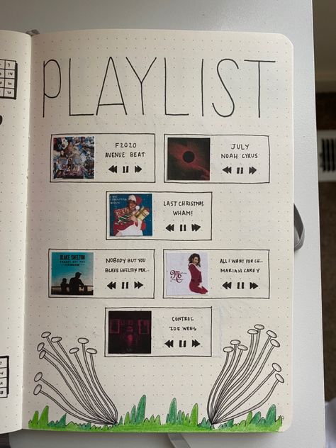 Playlist Diary Ideas, Playlist Covers Drawings, Playlist Sketchbook Page, Scrapbook Playlist Page, Playlist Journal, Our Playlist Scrapbook, Playlist Journal Page, Playlist Scrapbook Page, Journal Ideas Music Playlist