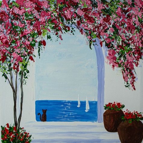 Arch Painting, Greece Drawing, Canvas Painting Projects, Greece Painting, Greece Art, Flower Arch, Pen Art Drawings, Travel Painting, Canvas Painting Designs