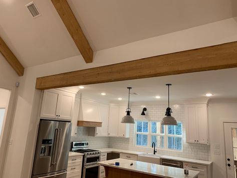 Beam Separating Kitchen And Living Room, Beam Between Kitchen And Living Room, Exposed Beams In Kitchen, Post In Kitchen, Beam In Kitchen, Load Bearing Beam, Post Frame Homes, Ranch Makeover, Deck Balusters