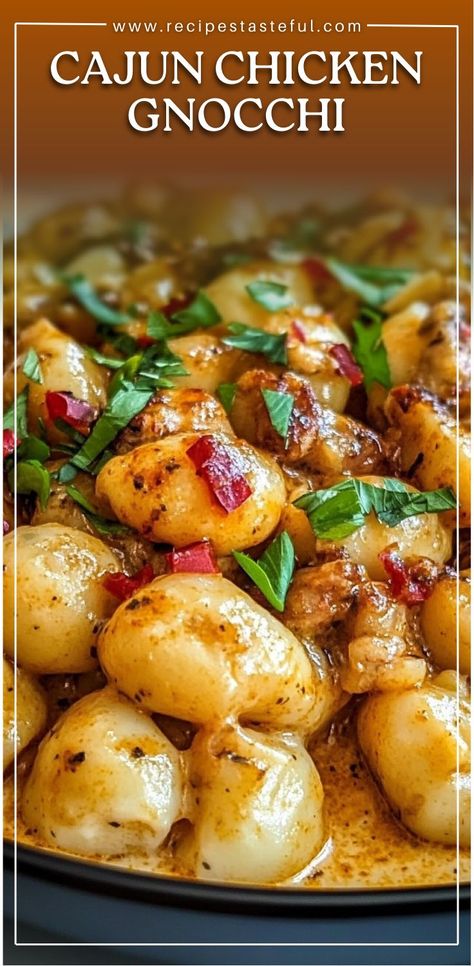 A flavorful and comforting dish that combines tender chicken, creamy sauce, and soft gnocchi, perfectly seasoned with Cajun spices for a deliciously satisfying meal. Cajun Chicken Gnocchi, Cajun Gnocchi Recipes, Chicken Thigh Gnocchi Recipes, Dinner Recipes With Gnocchi, Gnocci Meals Dinners Easy, Gnocchi Recipes Chicken, Gnocchi And Chicken Recipes, Gnocchi Dinner Recipes, Recipes Using Gnocchi