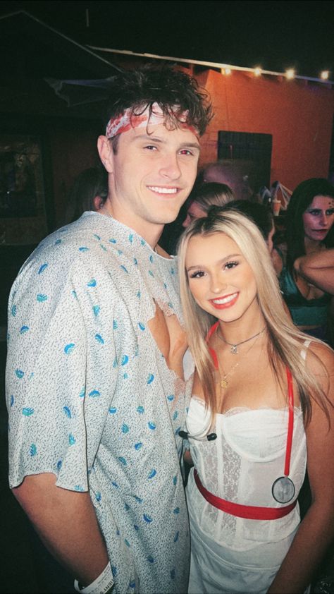 Operation Costume Couple, Nurse And Doctor Costume Couple Scrubs, Doctor And Patient Costume, College Party Couple Costumes, Nurse Couple Costume, Doctor Halloween Costumes, Nurse And Patient Costume, Nurse And Doctor Costume Couple, Nurse Patient Costume