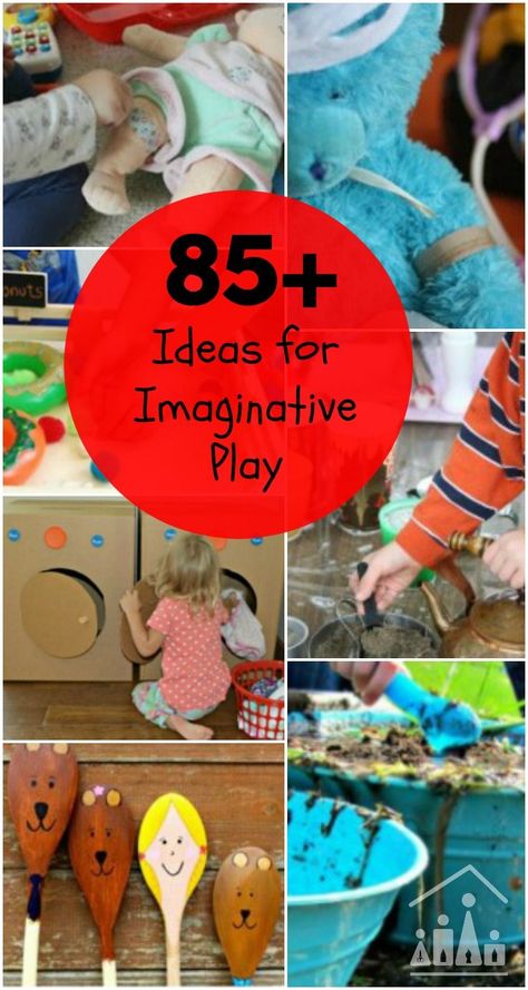 Your Ultimate Guide to Imaginative Play Ideas for kids of all ages. Includes over 85 different pretend play activities to stimulate your child's imagination. Themes covered include Animal Imaginative Play, Cardboard Box Pretend Play, Doctor and Vets Dramatic Play, Playing Shops, Pretend Food, Outdoor Pretend Play and Puppets, Dramatic Play Outside, Prek Imagination Activities, Outdoor Pretend Play Ideas, Guided Play Activities, Imagination Play Ideas For Kids, Pretend Play Activities For Toddlers, Imagination Activities, Imaginative Play Ideas, Play Ideas For Kids