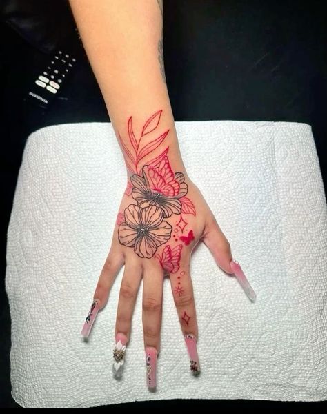 But Tattoos For Women Big, Hand Tattoos For Women Red Ink, Hibiscus Flower Hand Tattoo, Hand Tattoos For Females, Red Arm Tattoos For Women, Red Hand Tattoo, Cute Henna Tattoos, Henna Style Tattoos, Henna Inspired Tattoos