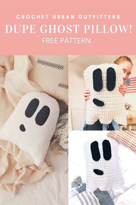 Crochet Ghost Pillow! Free Pattern and video tutorial! Great for beginner and advanced crocheters (because it is just so dang cute and spooky!) Crochet Ghost Pillow Pattern Free, Crochet Halloween Pillow, Crochet Ghost Pattern Free, Spooky Crochet Patterns Free, Halloween Pillow Crochet Pattern, Crochet Ghost Pillow, Crochet Cuddler, Ghost Pillow Crochet Pattern, Ghost Pillow Crochet