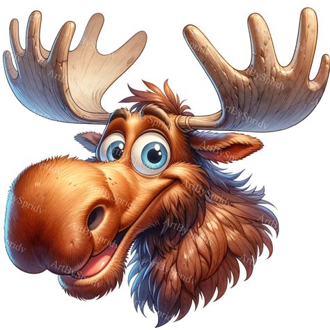 Watercolor Moose, Cartoon Moose, Moose Pictures, Head Clipart, Animal Caricature, Moose Head, Clipart Cartoon, Clipart Design, Cartoon Style